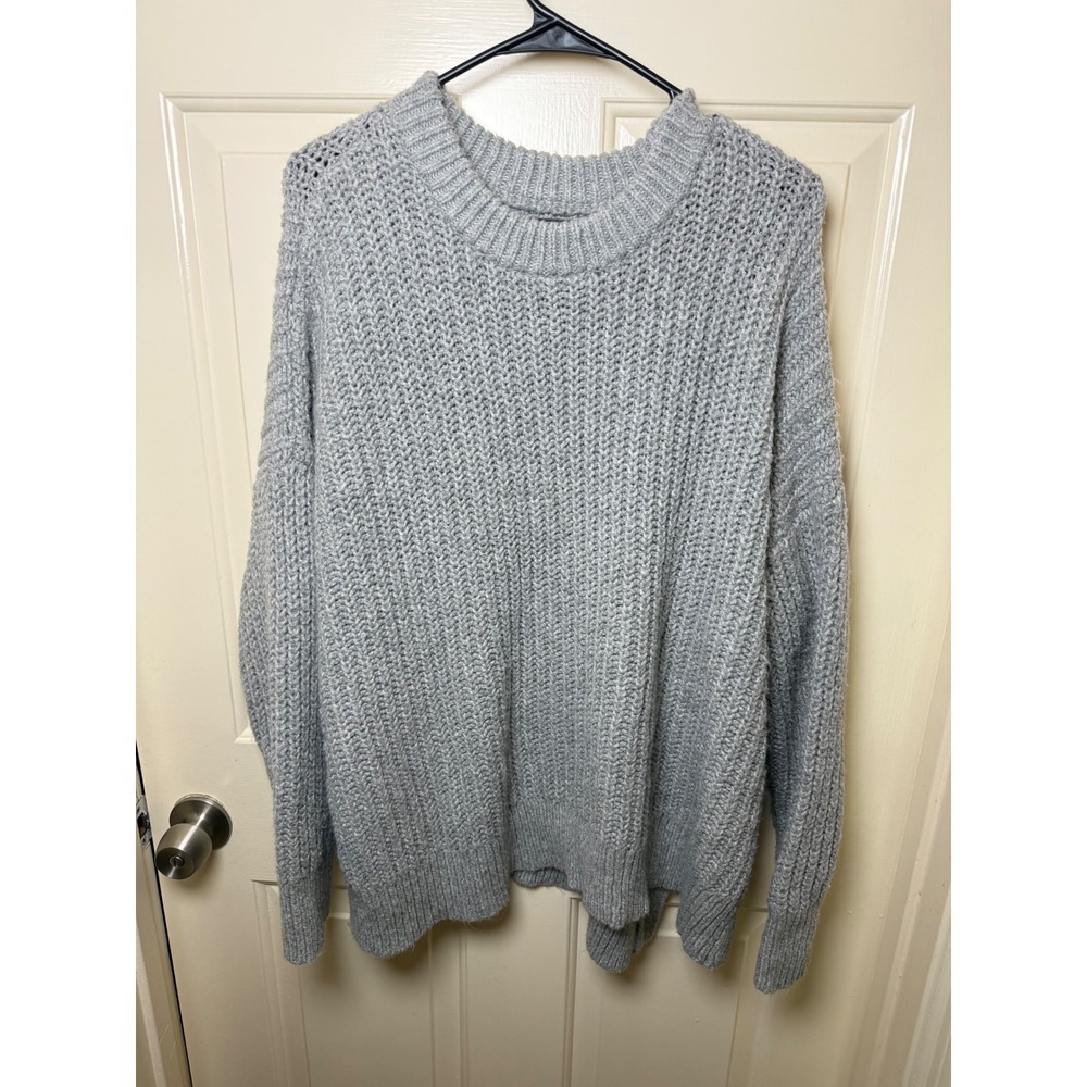 Aerie Oversized Grey Shaker Knit Crewneck Sweater Large Slouchy Cotton Blend